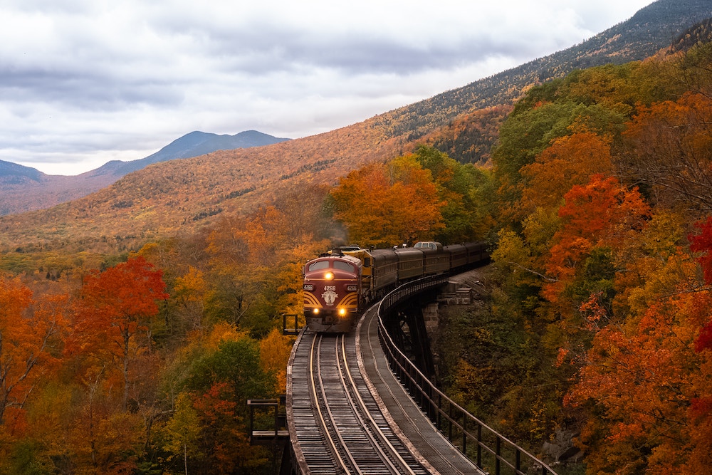 Train on elevated tracks in the mountains