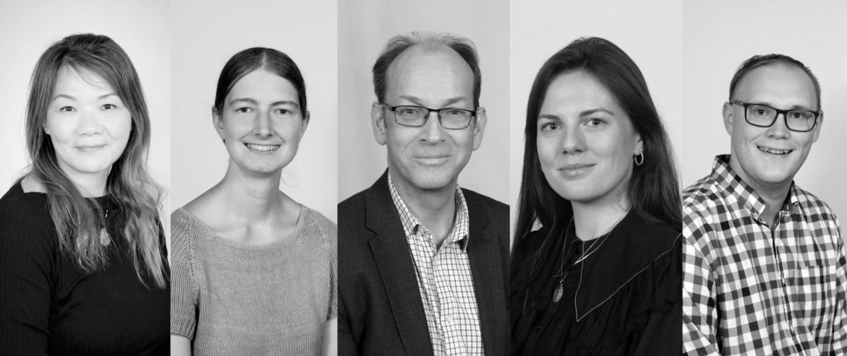 From left to right: black and white headshots of Michelle, Tina, Andrew, Hannah and Sam.